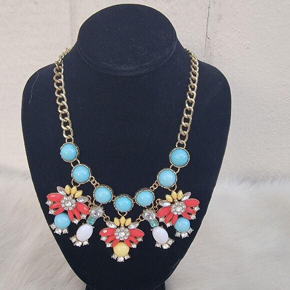 Statement Gold Tone Mulit Color blue , Orange, Yellow & Wht Bib Necklace - Picture 1 of 4